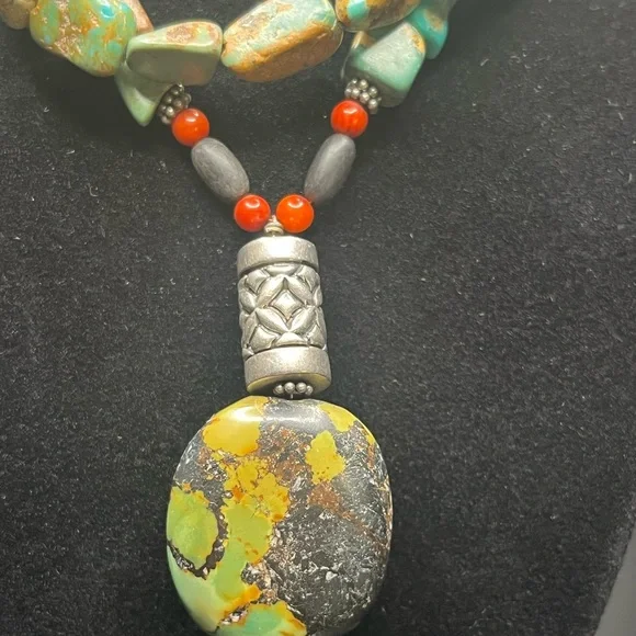 Artisan Stone Necklace Turquoise Color Jasper Pendant Sterling Silver Accents - Picture 2 of 13